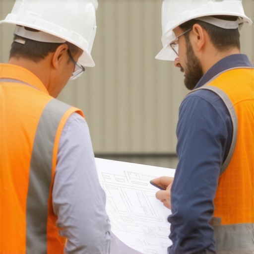 Contractor discussing plans with inspectors at construction site