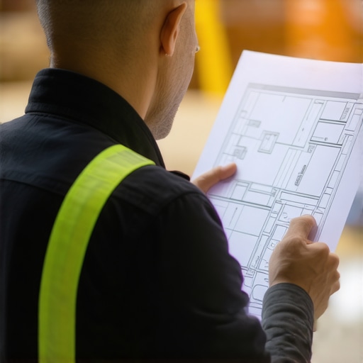 Engineer analyzing blueprints and digital plans on a tablet at a busy construction site