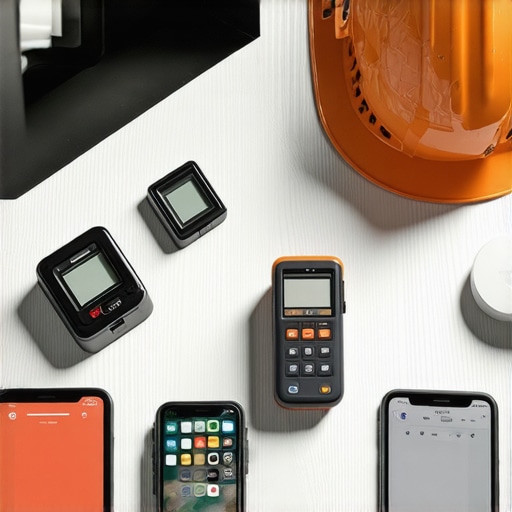 Construction site with digital measurement and management tools.