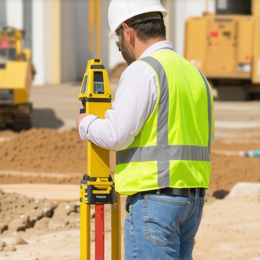 Accurate Site Grading Measurement Surveyor measuring land grading slopes with laser level for precise construction planning.