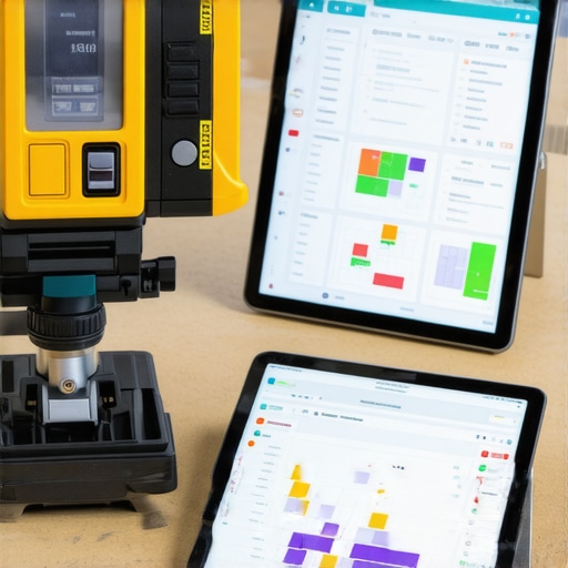 Advanced Construction Tools in Action A construction worker using a laser distance meter with digital project management tools displayed on a tablet