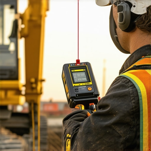 Technician monitoring construction site with laser level and soil sensors