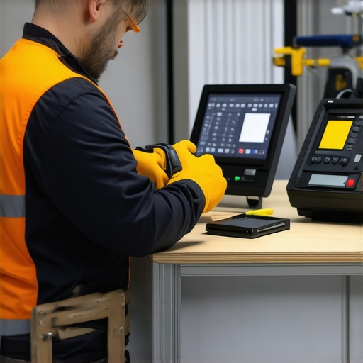 Construction worker calibrating laser level and tools in workshop