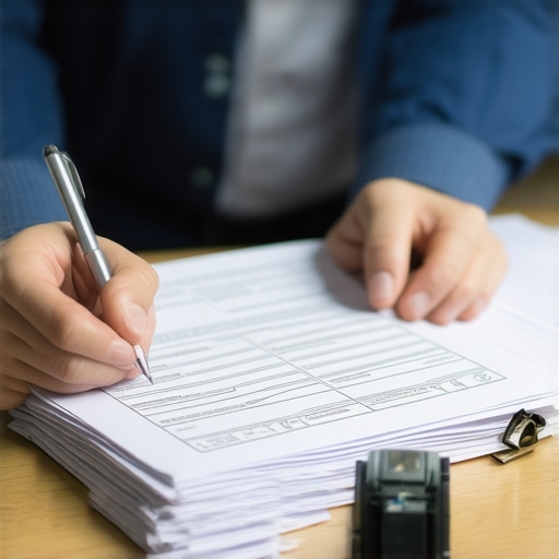 Person reviewing and verifying permit paperwork with organized folders.