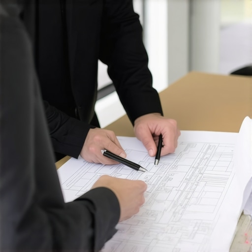 Architect and homeowner examining blueprints together.