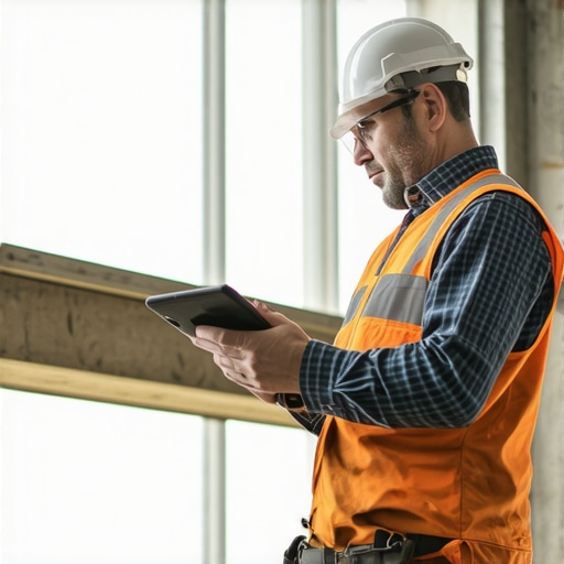 Construction Maintenance Tech in Action A construction manager using a tablet to inspect building systems with digital tools