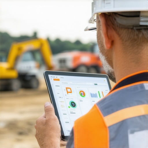 Construction Manager Using Digital Tools A construction professional managing project details on a tablet at a building site.