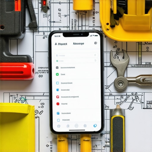 Smartphone displaying construction project management app at work site