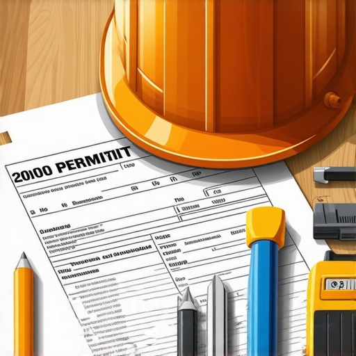A detailed drawing of a home construction site with permit papers and measuring tools, emphasizing planning accuracy.