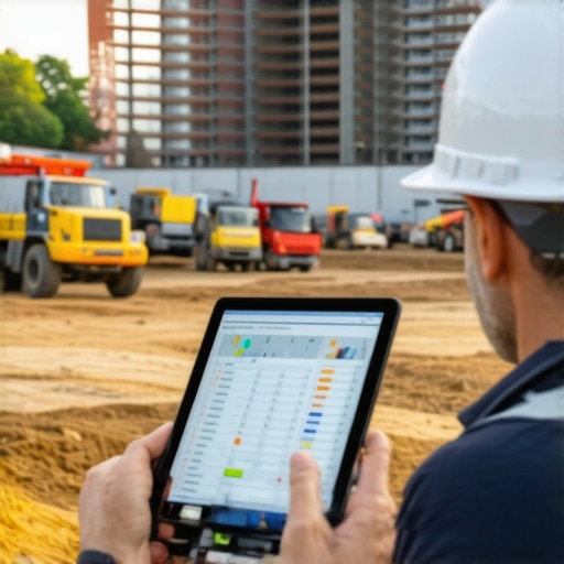 Construction Site with Digital Project Management Tools A construction worker reviewing digital project management tools on a tablet at a busy construction site.