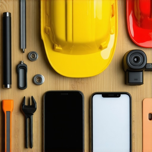 A construction site showing various tools and digital devices used for project management and maintenance