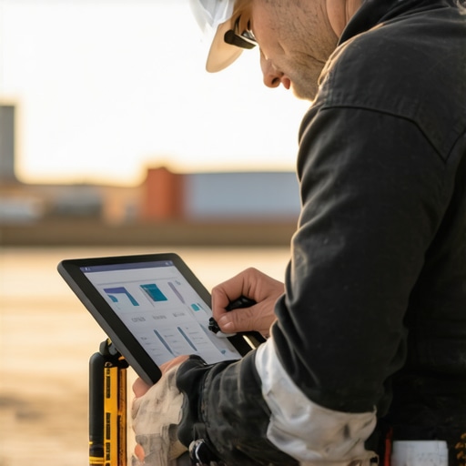 Construction Tools for Long-Term Success A builder measuring a site with a laser tool, using a tablet with estimating software displayed.