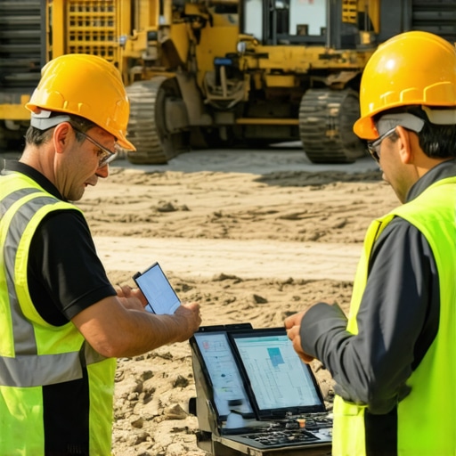 Workers inspecting equipment using tablets and monitoring devices at a construction site.