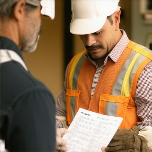 Contractor and homeowner reviewing permit paperwork in city office