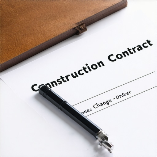 Close-up of a construction contract highlighting the change-order clause with a pen and documents.