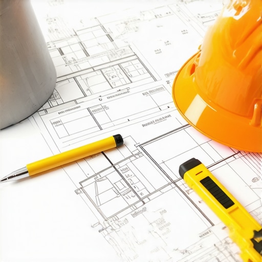 A desk with construction blueprints, a calculator, and digital devices used for accurate project estimation.