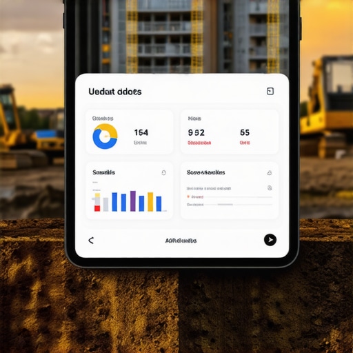 Screenshot of a tablet displaying a construction project management dashboard with real-time data.