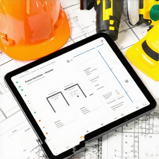 Person managing construction project on a tablet amidst construction site