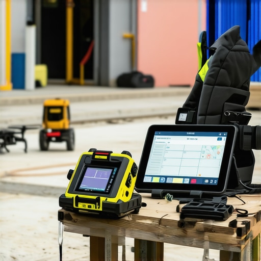 Construction site with workers using digital leveling and drone inspection equipment.