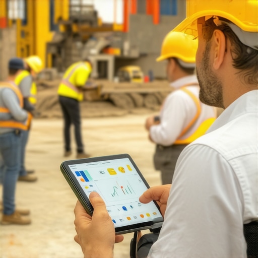 Inspector using a tablet at a construction site for project monitoring and maintenance.