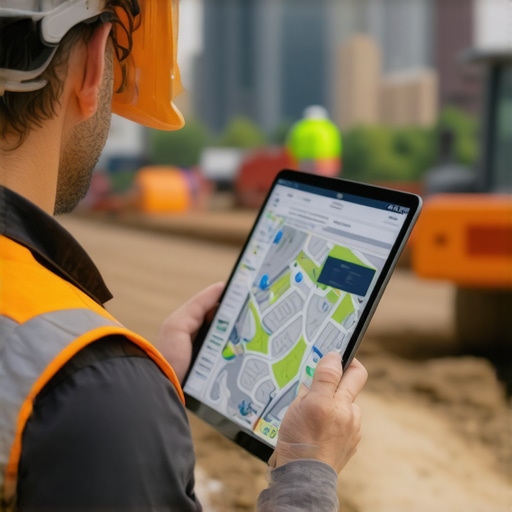 Digital Twin Map in Construction Construction worker reviewing a digital twin map on a tablet at a construction site.