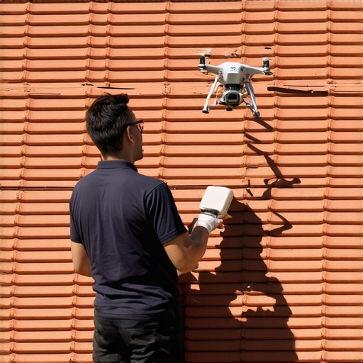 Person using a drone to inspect a building roof for maintenance.