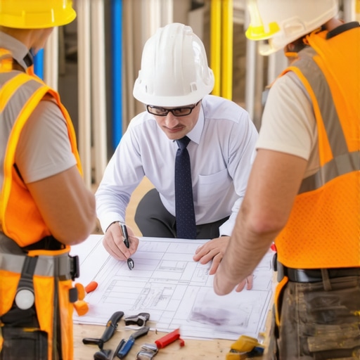 Project manager discussing plans with contractors on-site.