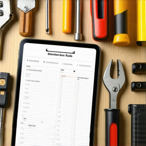 Effective Construction Tools Maintenance Tools neatly organized with a digital tablet showing maintenance schedule at a construction site