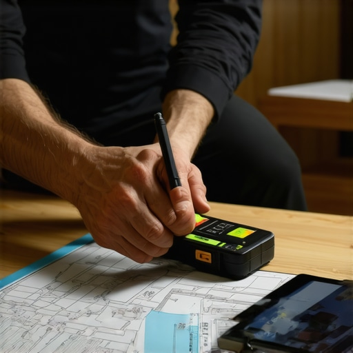 Person measuring a room with a laser distance meter while reviewing project plans on a tablet.