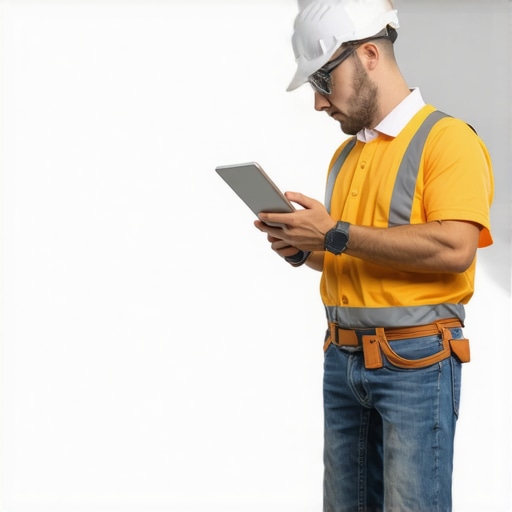 Workers using digital tools and laser measurements on a construction site