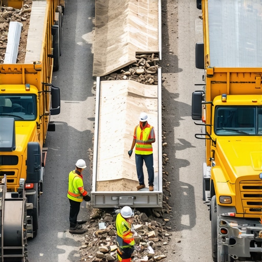 Workers and trucks handling construction materials and debris