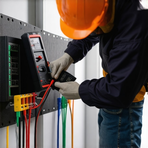 Electrician testing wiring with a multimeter in a building