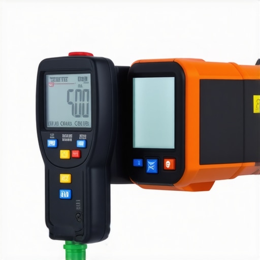 Hands holding a moisture meter and a laser measure on a construction site