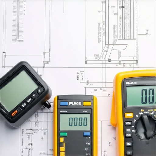 Hands holding a moisture meter and multimeter with construction plans
