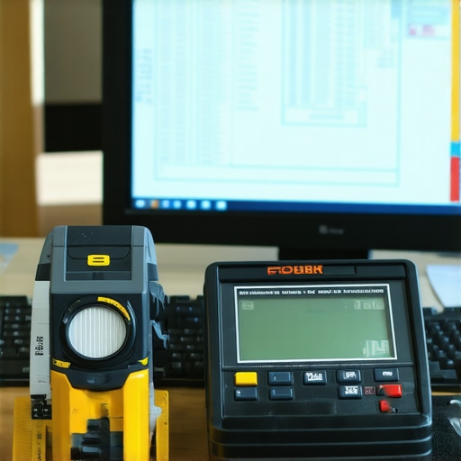 A collection of construction tools like laser measure, moisture meter, and a tablet showing project management dashboard.