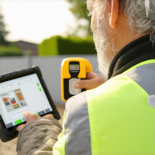 A person measures property boundaries using a laser measuring device with a tablet displaying project plans