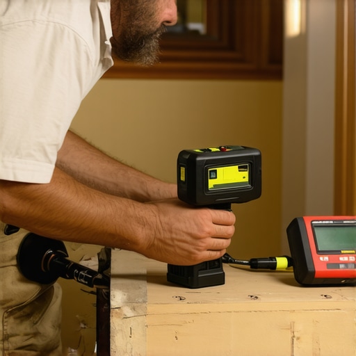 Homeowner Conducting Maintenance Checks with Advanced Tools A person checking structural elements of a home addition using laser measurement devices and moisture meters.