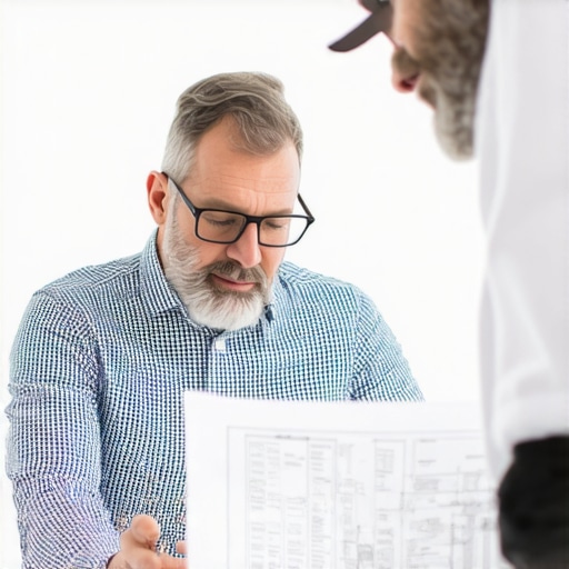 Homeowner and engineer examining detailed plumbing layout for home addition