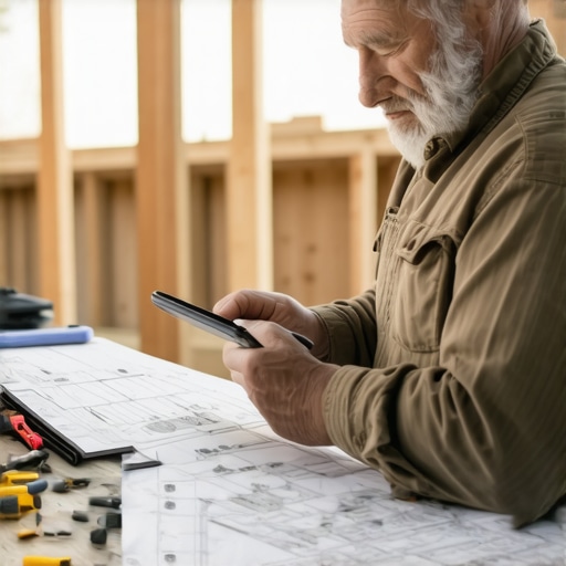 A person reviewing construction plans on a tablet during home renovation