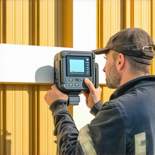 A professional technician examining a building's insulation with an infrared camera during a maintenance check