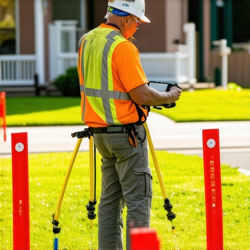 Surveyor with GPS device marking property boundaries in a backyard.