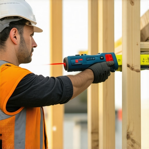 Laser Distance Measure in Action Construction worker measuring structure with a laser distance tool.