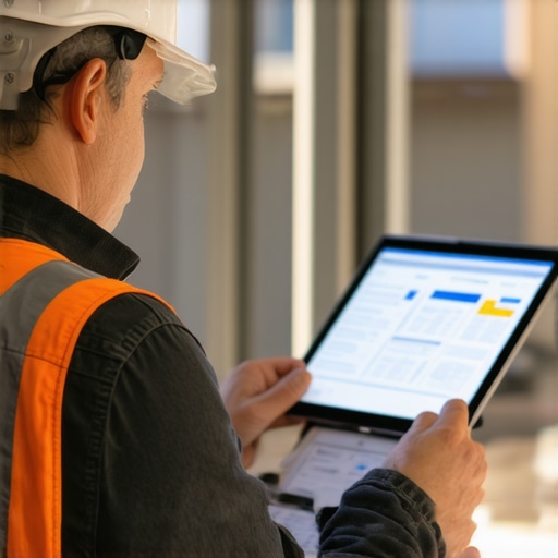 Technician operating tablet with estimation app on a construction site