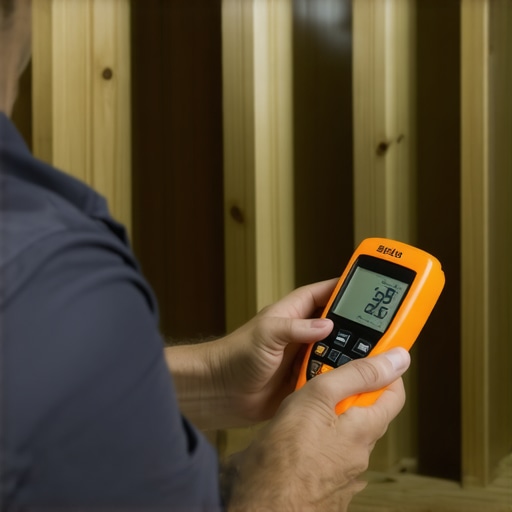 Technician inspecting a building's crawlspace using a moisture meter.