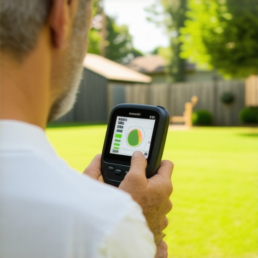 Homeowner using a digital survey device to verify property boundaries in backyard.
