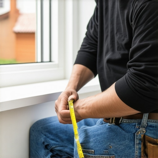 Homeowner measuring basement window opening with tape measure to meet fire safety codes.