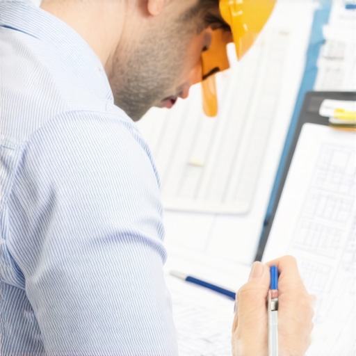 Meticulous Construction Planning Engineer analyzing detailed site plans and budget estimates for construction