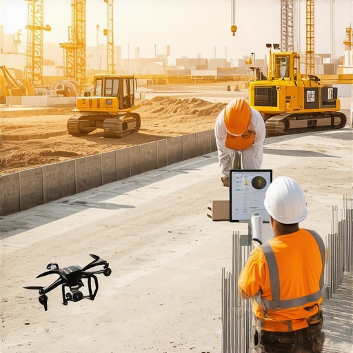 Construction professionals using digital devices and drones for project oversight.