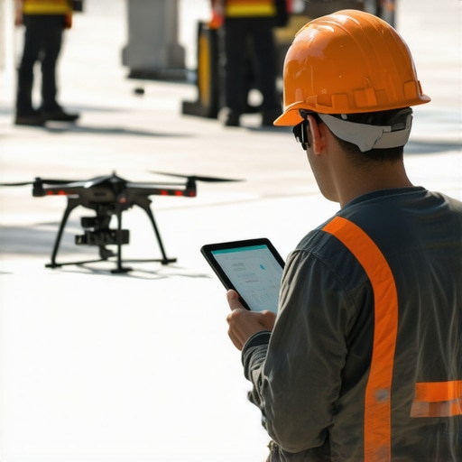 Workers on a construction site using tablets and drone technology to monitor progress