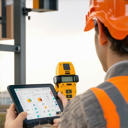 A construction worker using laser measurement tools and a tablet with project plans.